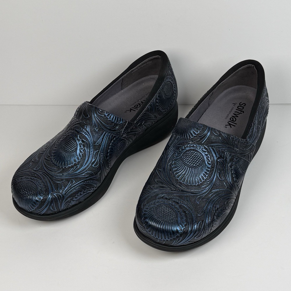 SoftWalk Clogs Blue Black Floral Embossed Nurse Healthcare Chef Women 7.5 - Picture 2 of 8